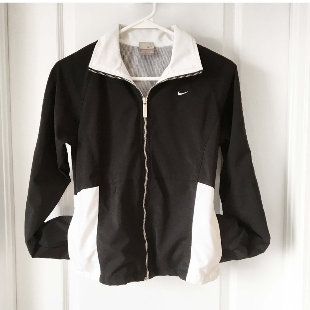 VINTAGE Nike Women's Black and White Bomber athletic Jacket woman’s Medium